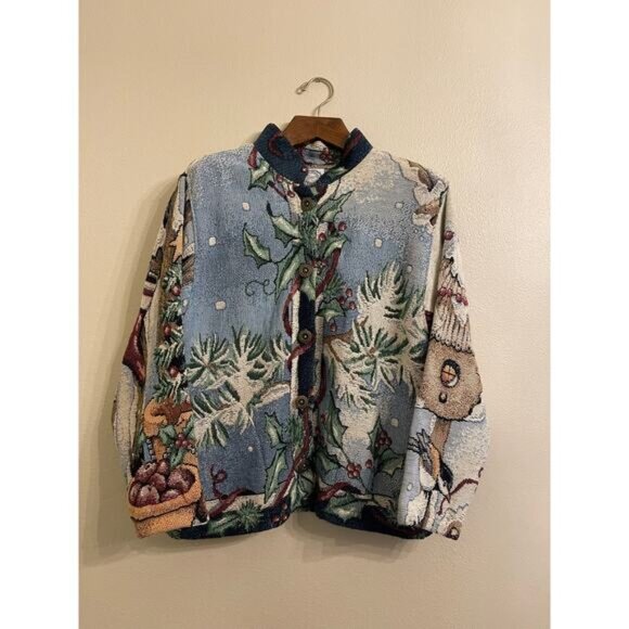 Vtg Sugar Street Weavers Christmas Holiday Snowman Tapestry Jacket Cardigan OS - Picture 1 of 8